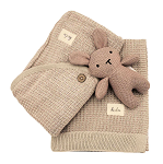 100% Organic Cotton Pink Knitted Baby Blanket and Bunny Set W/ Travel Pouch 